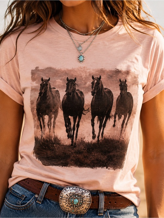 Graphic tee Tops - Western Running Horses Graphic Tee Pink Cowgirl Nashville Concert Top